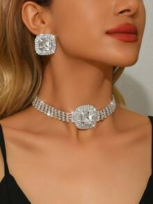 3 Stücke Braut Hochzeit Halskette Ohrringe Set, geometrischer vollständig mit Diamanten besetzter großer quadratischer Choker Halskette, Damen Party Abend Schmuckset - Verschiedenfarbig - Übersicht 1