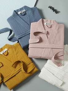 2/1 件华夫格纹理浴袍，男女通用成人和服长袍，秋冬浴袍，寄宿家庭酒店 SPA 浴袍，吸水速干，宽松版型，多色，适用于浴室用品、家居用品、酒店旅行配件、旅行必需品、假日学校用品、返校用品 - 彩色 - 查看 5