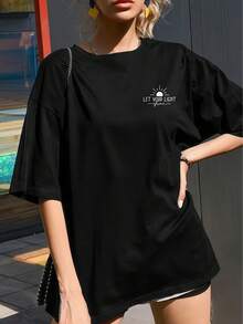 Be The Light Graphic T-Shirt, 180 G/M² Cotton T-Shirt With Double-Sided Print, Round Neck, Casual And Fashionable Style For Women (1 Piece) - 黑色 - 查看 3