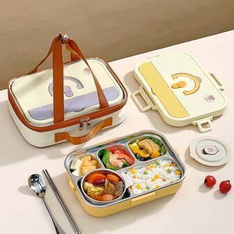 1500ML 4/5 Grids Cartoon Pattern 304 Stainless Steel Lunch Box, Leak-Proof Fruit Salad Food Container With Tableware & Soup Bowls, Dishwasher & Microwave Allowable, Portable Large Capacity Bento Box, Suitable For Students And Adults Use In Home, School, Office, Picnic, Camping,Back To School