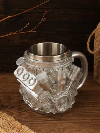 1pc V6/V8 Engine Design Stainless Steel Mug, Resin Exterior With Stainless Steel Inner Layer, Functional Mug With Insulated Handle, Personalized Coffee Cup Ideal For Car Enthusiasts, Men's Travel Mug, Decorative Cup For Living Room, Halloween & Christmas Gift