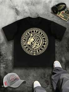 T-shirt oversize Berserker Valhalla Viking, imprimé recto verso, , décontracté, col rond, 220 g/m², pur coton (1 pièce) - Noir - Voir 2