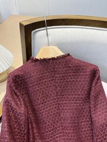 GMFP 女士春夏休闲优雅时尚宽松亮片装饰复古质感金属单排扣圆领红色短款粗花呢外套，适合音乐节/婚礼季穿着 - 紅色 - 查看 9