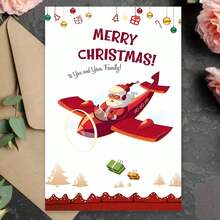 1 buc., Felicitare festivă de Crăciun cu avionul lui Moș Crăciun, Design de desene animate, Hârtie, Felicitare personalizată pentru prieteni, familie și cei dragi, Ideală pentru invitații și urări de sărbători, Sezonul Crăciunului