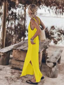 VIBEWAVE 2025 New European & American Style Sexy Backless Slit Strap Dress, Loose Beach Cover Up For Summer