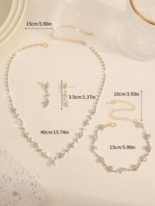 4件套优雅时尚婚礼首饰套装，包括项链、耳环和手链，镶钻新娘婚礼首饰套装，适合新娘、伴娘、正式场合及情人节配饰 - 金色 - 查看 6