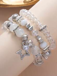 Set de 3 pulseras de mujer de estilo bohemio con cuentas de cristal y cadena de aleación con tono plateado