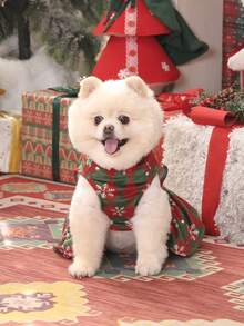 1 件格子雪花高领天鹅绒狗狗连衣裙圣诞节小狗裙子服装宠物服装猫服装带蝴蝶结适合小型犬 - 彩色 - 查看 3