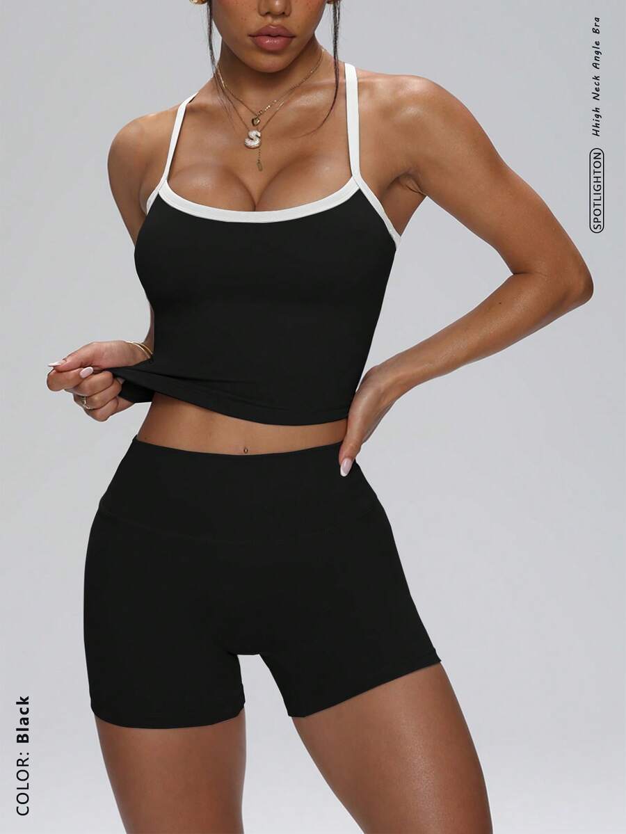 FWH 极简功能性运动文胸，带可拆卸胸垫 + 高腰短裤，无缝面料，适合健身/街头穿着，X型后背带，四向弹力，压缩腰带，两件套 - 彩色 - 查看 1