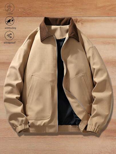 1 件男士卡其色拼色领夹克，复古工装风格拼色领，大口袋，罗纹下摆，亲肤耐用，适合秋季办公室、通勤、户外露营