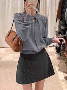 Grey Ribbon Sleeve Hollow Out Knit Sweater For Women, Soft Base Layer, Commuter Style, Autumn/Winter