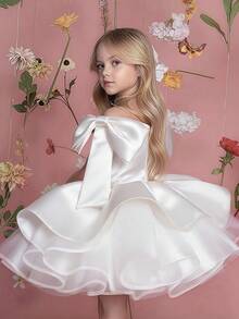 Young Girl' White Elegant Satin Short Sleeve Short Dress, Suitable For Birthday Party, Celebration, Wedding Flower Girl, Photo Shoot, Princess Dress, Prom, Graduation, Formal Occasion - White - View 6