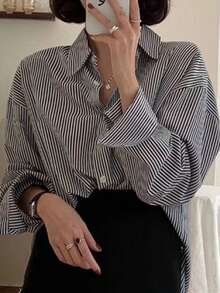 Camisa de rayas de las mujeres de manga larga Tops Loose capas Peplum Azul Blusa de rayas Blusas de Mujer - Negro - Ver 2