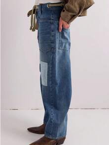 Womens Wide Leg Barrel Jeans Patchwork Baggy Denim Pants Low Rise Horseshoe Jeans With Pockets Casual Outdoor Pants - Màu xanh lam - Xem 5