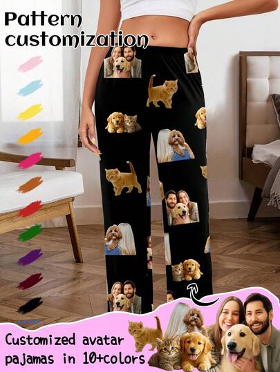 Calças de pijama femininas personalizadas, foto exclusiva de casal com cabeça grande, substituição de rosto de casal e troca de rosto de animal de estimação, atmosfera de Natal - Produtos para fãs de fotos de cabeça grande de celebridades
