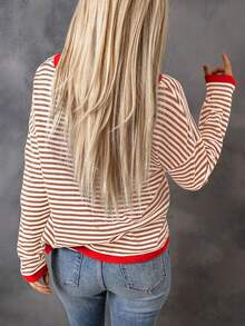 Acelitt Winter Halloween Color Blocking Striped Loose Off Shoulder Casual Round Neck Long Sleeved Sweater