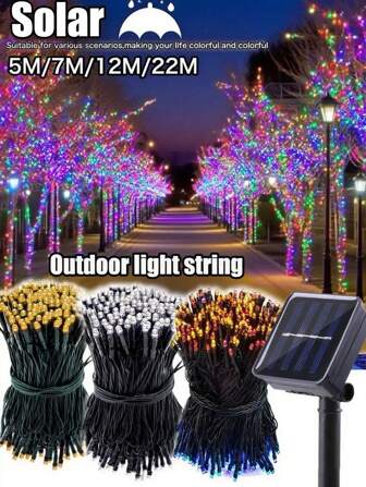 1 Pack Waterproof 5M/7M/12M/22M 20/50/100/200LED Solar String Lights Outdoor, IP65 & 8 Modes Solar Fairy Lights For Garden Patio Tree Christmas Party Wedding Fence Thanksgiving Courtyard Decoration Halloween Decoration