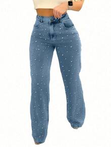 Women's Multi-Pocket Straight Jeans With Pearl Design, Women's Casual And Versatile Jeans Pantalones De Mujer Jean - Blue - View 5