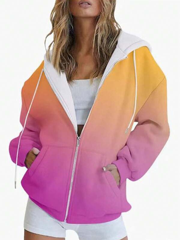 Novo moletom com capuz com estampa digital 3D gradiente casual manga comprida zíper para mulheres plus size