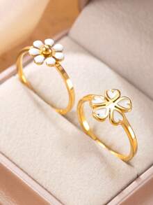 2pcs Fashionable & Cute Enamel Colorful Floral Stainless Steel Rings, Suitable For Teenagers Daily Wear And Gift