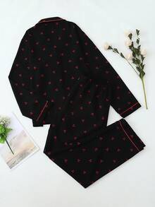 طقم بيجامة مطبوع بالكرز 2 قطعة، ملابس علوية بياقة وأزرار طويل الأكمام وبنطلون، ملابس نوم وملابس منزلية للنساء، مناسب للخريف/الشتاء