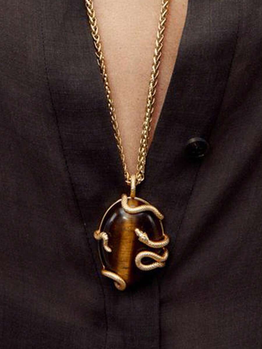 ZAA 动物镶嵌宝石吊坠项链，复古波西米亚简约树脂吊坠项链，美拉德风格蛇形缠绕吊坠项链 - 彩色 - 查看 1
