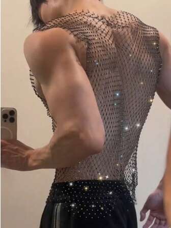 1pc Sparkling Rhinestone Sexy Fishnet Crop Top - Hollow Mesh Backless Vest, Suitable For Party, Club, KTV, Beach Cover-Up, Transparent Chest Enhancing Shirt, Reversible For Women, Durable Nightclub Outfit, Bust 48.8inch