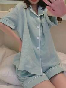 2pcs Women's Mint Green Loose Fit Short Pajama Set For Loungewear, Two Pieces Set - Mint Green - View 6