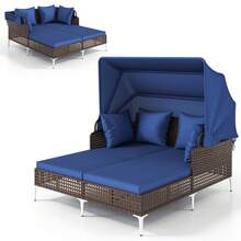 Lifezeal Outdoor Rattan Double Daybed With Retractable Canopy & Seat Back Cushions - Màu xanh hải quân - Xem 6