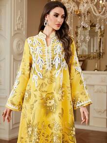 Women's Long Robe Muslim Long Sleeve Embroidered Random Print Maxi Kaftan Dubai Arabic Elegant Dress - Yellow - View 2