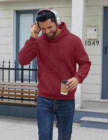 Men Cotton Fleece Hooded Sweatshirt Casual Long Sleeve Hoodies Pullover Fashion Drawstring Hoodie With Kanga Pocket - Màu Đỏ Sâu - Xem 2
