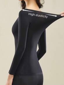 女士无缝蕾丝保暖内衣，薄款长袖上衣，纯色保暖舒适打底衫，圆领修身高弹轻薄透气休闲打底衫，适合秋冬季穿着 - 黑色 - 查看 3
