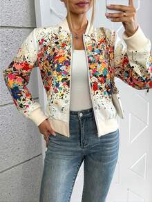 1pc Random Print Casual Knit Fabric Zip Pocket Round Neck Long Sleeve Jacket For Women, Suitable For Holiday, Daily Wear, Travel, Tea Party, Autumn