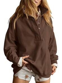 Women's Oversized Casual Long Sleeve Button Henley Neck Pullover Sweatshirt Fashion Outfits - Cà phê - Xem 1
