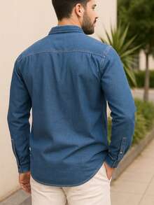 Men's Denim Jacket Long Sleeve Button Down Autumn Spring/Fall Regular Fit Pocket - 淺色水洗藍 - 查看 2
