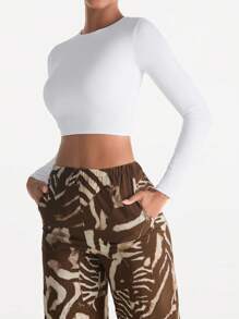 XLLAIS 小圆领长袖修身T恤，弹性双层设计，白色露脐上衣，秋冬服装 - 白色 - 查看 6