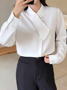 Chemise de bureau élégante à manches longues de couleur unie pour femmes, automne printemps - Blanc - Voir 6