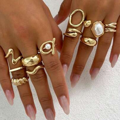 11pcs Punk Style Rings Set, Vintage Geometric Rings Set, Fashion Personalized Jewelry Gift, Suitable For Daily Outfit And Party Accessories [Some Rings Are Open But Not Adjustable, Please Do Not Forcibly Bend Them Or They Will Break, Sizes Are Marked] Random Pearl Color