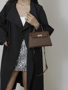 新款女士亮面鳄鱼纹手提包，容量大，时尚优雅，配高档围巾，可作为单肩包使用，黑色 - 咖啡 - 查看 4