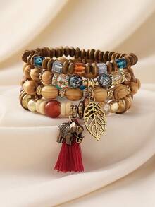 4 件套波西米亚复古串珠叶流苏吊坠多层手链，适合女士休闲、沙滩、度假穿着 - 彩色 - 查看 15