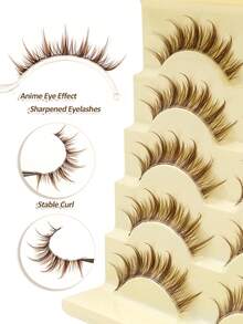 Rikuaild 5 Pairs Cartoon Style False Eyelashes, Brown, Anime Style, Natural Thin & Soft Brown Lash Extension, Reusable Transparent Band, Natural Japanese & Korean Style False Lashes, Strip Eyelashes - 尖尾漫畫款 - 查看 3