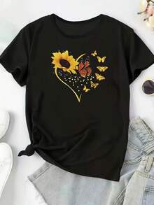 [Floral T-Shirt] Polyester Women's Floral Sunflower & Butterfly Print Black T-Shirt| Casual Crew Neck Short Sleeve Tee, Oversized, 95% Polyester 5% Elastane, 180g/M², Medium Stretch, Spring/Summer Pullovers - 黑色 - 查看 1