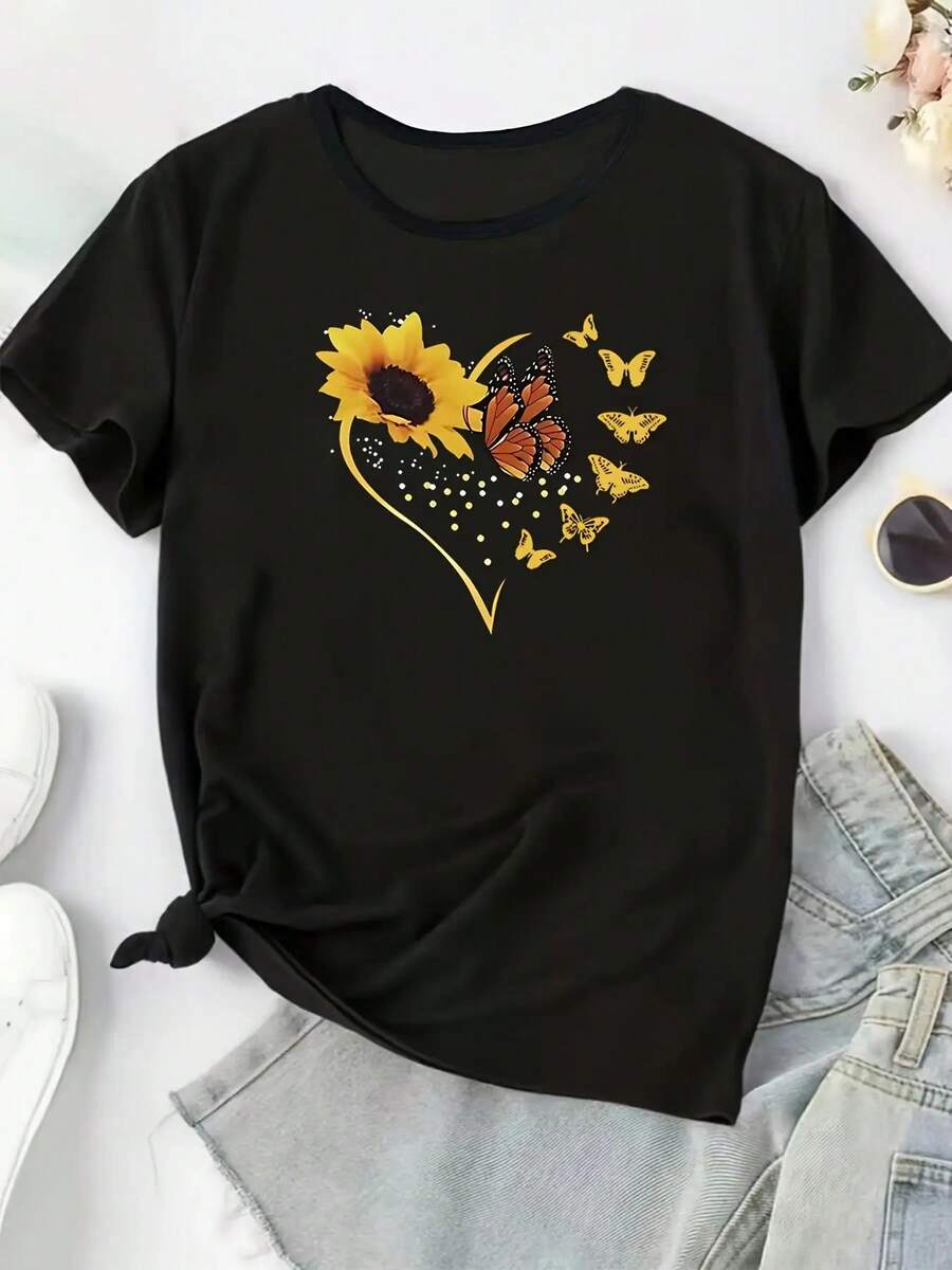[Floral T-Shirt] Polyester Women's Floral Sunflower & Butterfly Print Black T-Shirt| Casual Crew Neck Short Sleeve Tee, Oversized, 95% Polyester 5% Elastane, 180g/M², Medium Stretch, Spring/Summer Pullovers - 黑色 - 查看 1