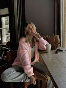 Women V Neck Long Sleeve Cardigan With Buttons And Pockets Regular Length Soft Fabric Medium Stretch - Baby Pink - View 1