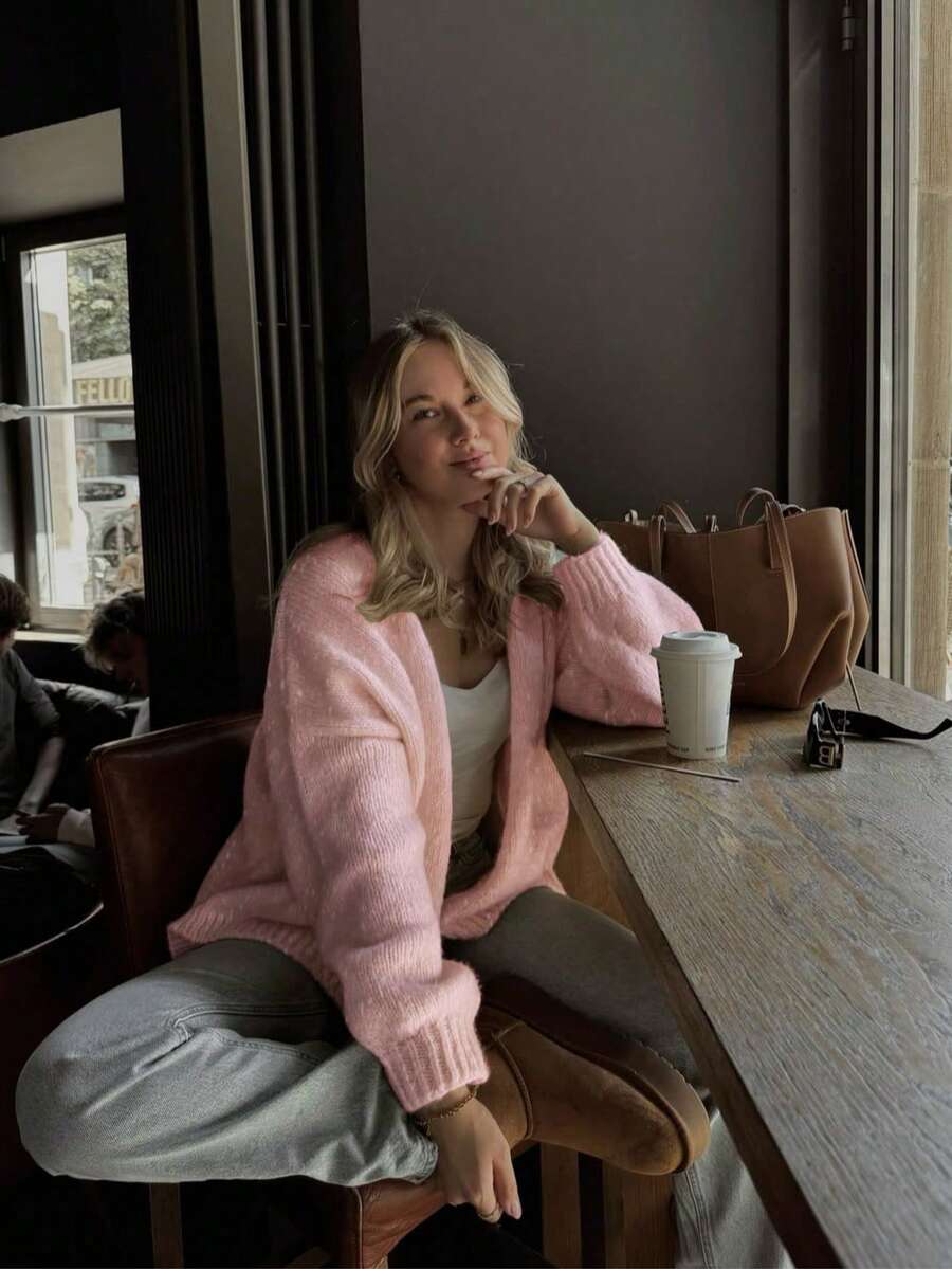 Women V Neck Long Sleeve Cardigan With Buttons And Pockets Regular Length Soft Fabric Medium Stretch - Baby Pink - View 1