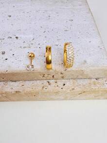 3 件全锆石镶嵌女士环形耳环，闪亮 CZ 耳钉 18K 镀金不锈钢耳环套装 - 金色 - 查看 2