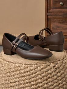 MonaNise 女士3厘米布面包跟鞋，黑色、时尚百搭，海军蓝、咖啡色、酒红色低跟粗跟优雅休闲平底鞋 - 巧克力棕 - 查看 3