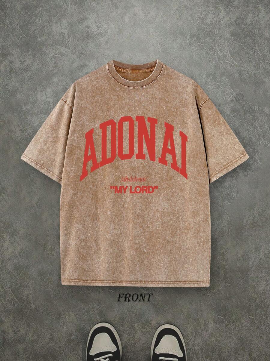 Retro Washed T-Shirt Single-Sided Printed (230 Pure Cotton T-Shirt) 'ADONAI MY LORD'  Letter And Pattern Print, Mens TShirt, Mens Shirt Casual, Comfortable, Fashionable T-Shirt, Street Style Cotton - 咖啡棕 - 查看 1