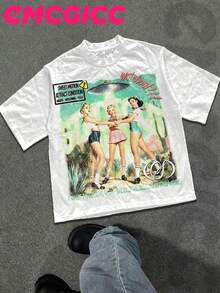 EMCGICC Street Life Men's Y2k Style (220 Pure Cotton T-Shirt) Retro Graphic Funny Printing,UFO,Men's Summer Tops Round Neck Short Sleeve Casual T-Shirt, Summer Street Sports Life Men's - 白色 - 查看 1