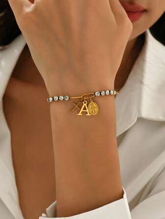 1pc Fashion Stainless Steel A-Z Letter Pendant Bracelet For Women Cross Virgin Mary Initial Rhinestone Chain Bracelet Jewelry Gifts Suitable For Daily Wear
